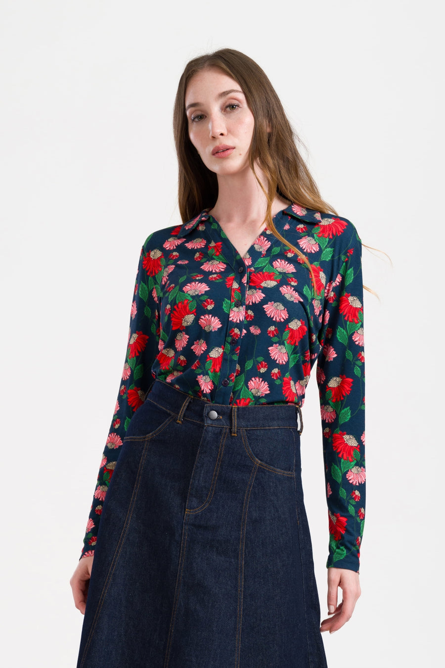 Lena Blouse LS Scarlet Serenade | Navy Peony