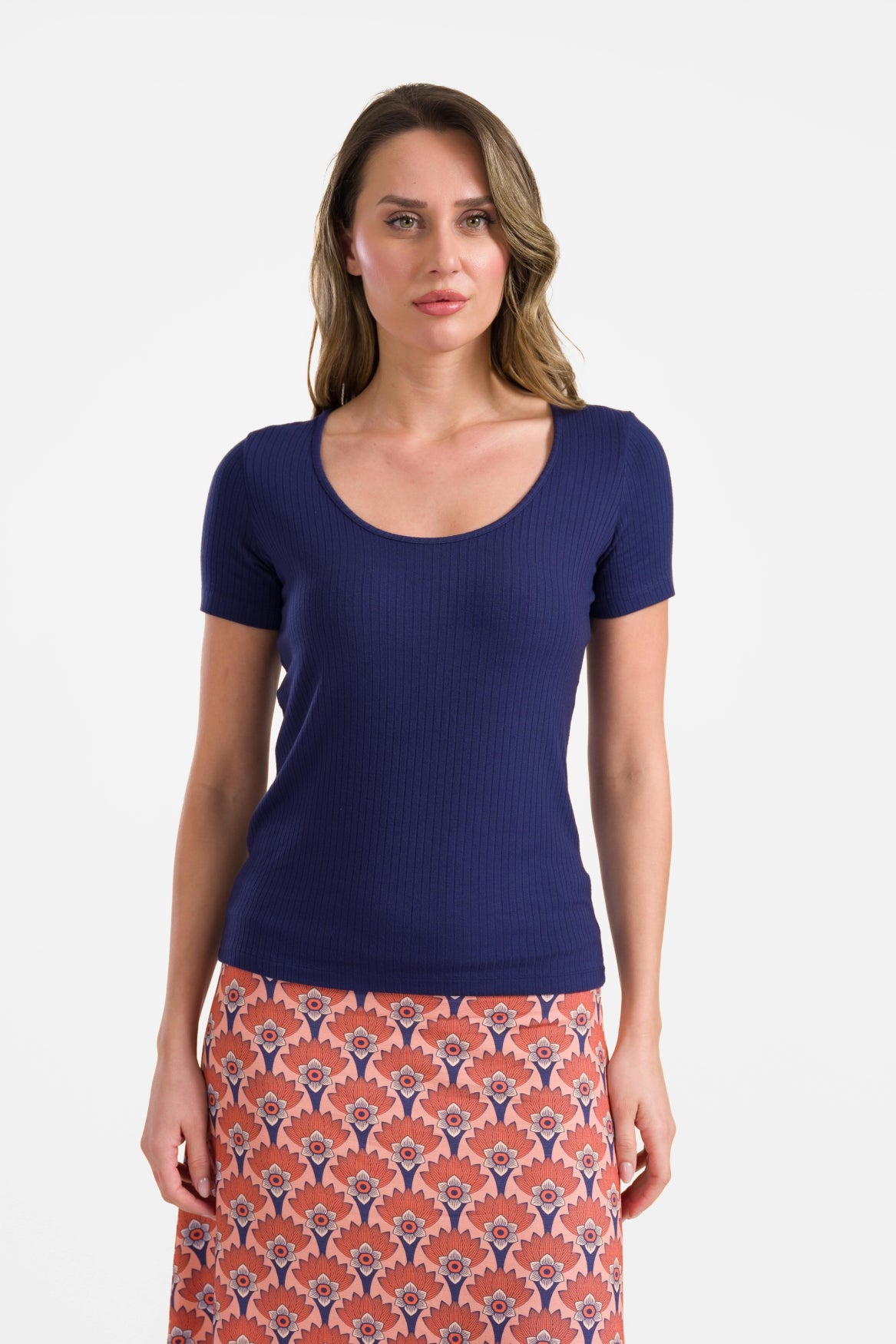 Ella T-shirt met korte mouwen | Rib marineblauw