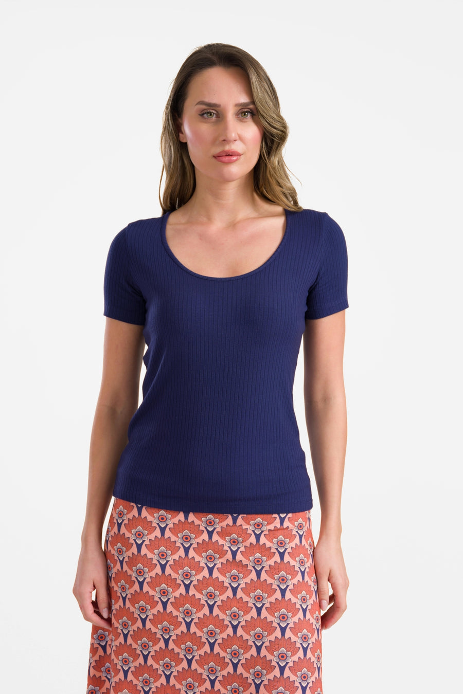 Ella T-shirt met korte mouwen | Rib marineblauw