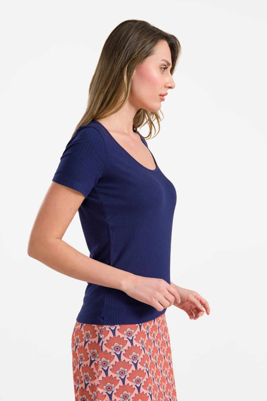 Ella T-shirt met korte mouwen | Rib marineblauw