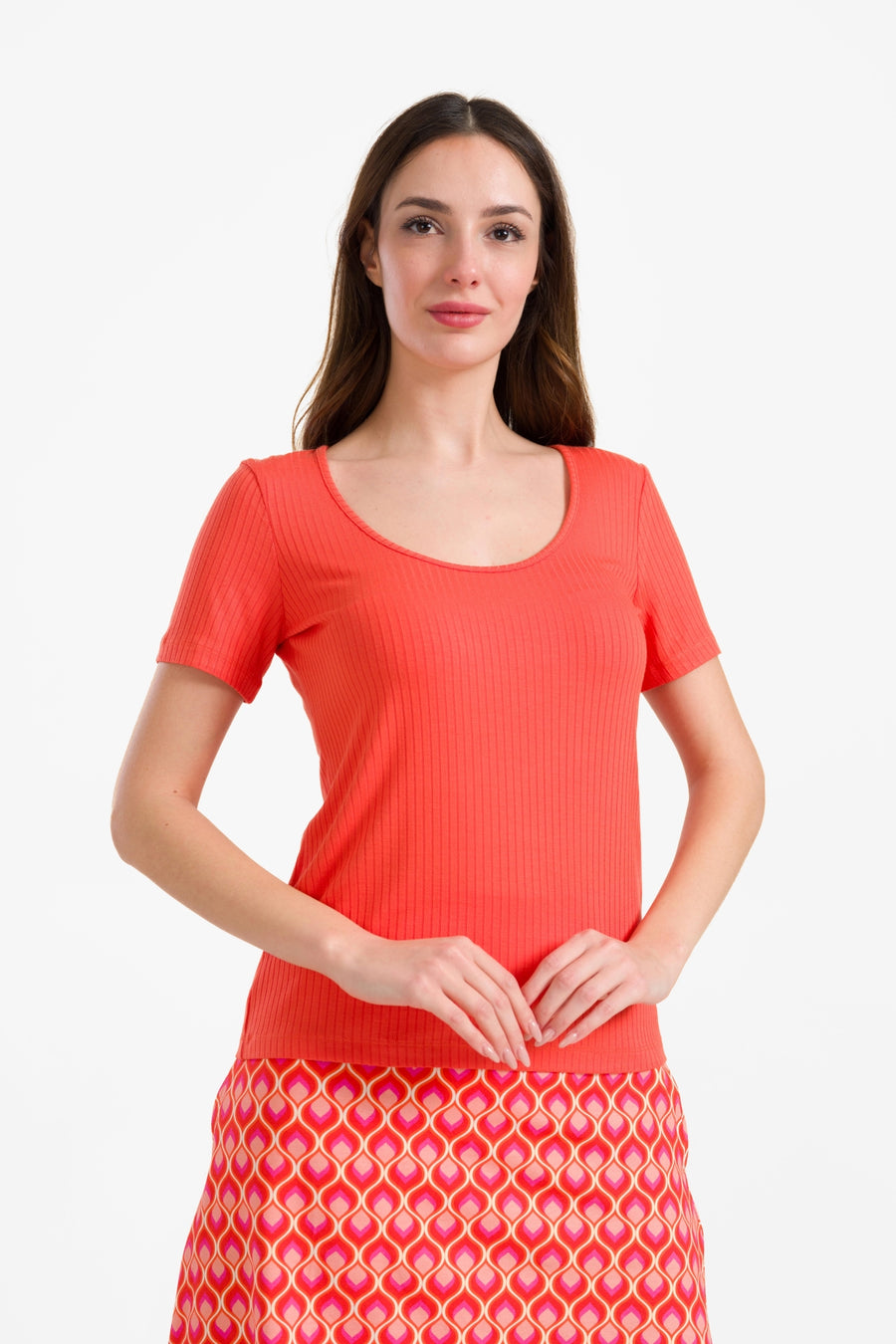 Ella T-shirt met korte mouwen | Rib Oranje Rood