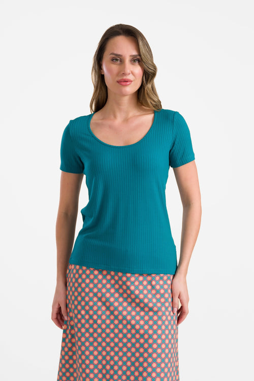 Ella T-shirt Korte Mouw | Rib Petrol Blue
