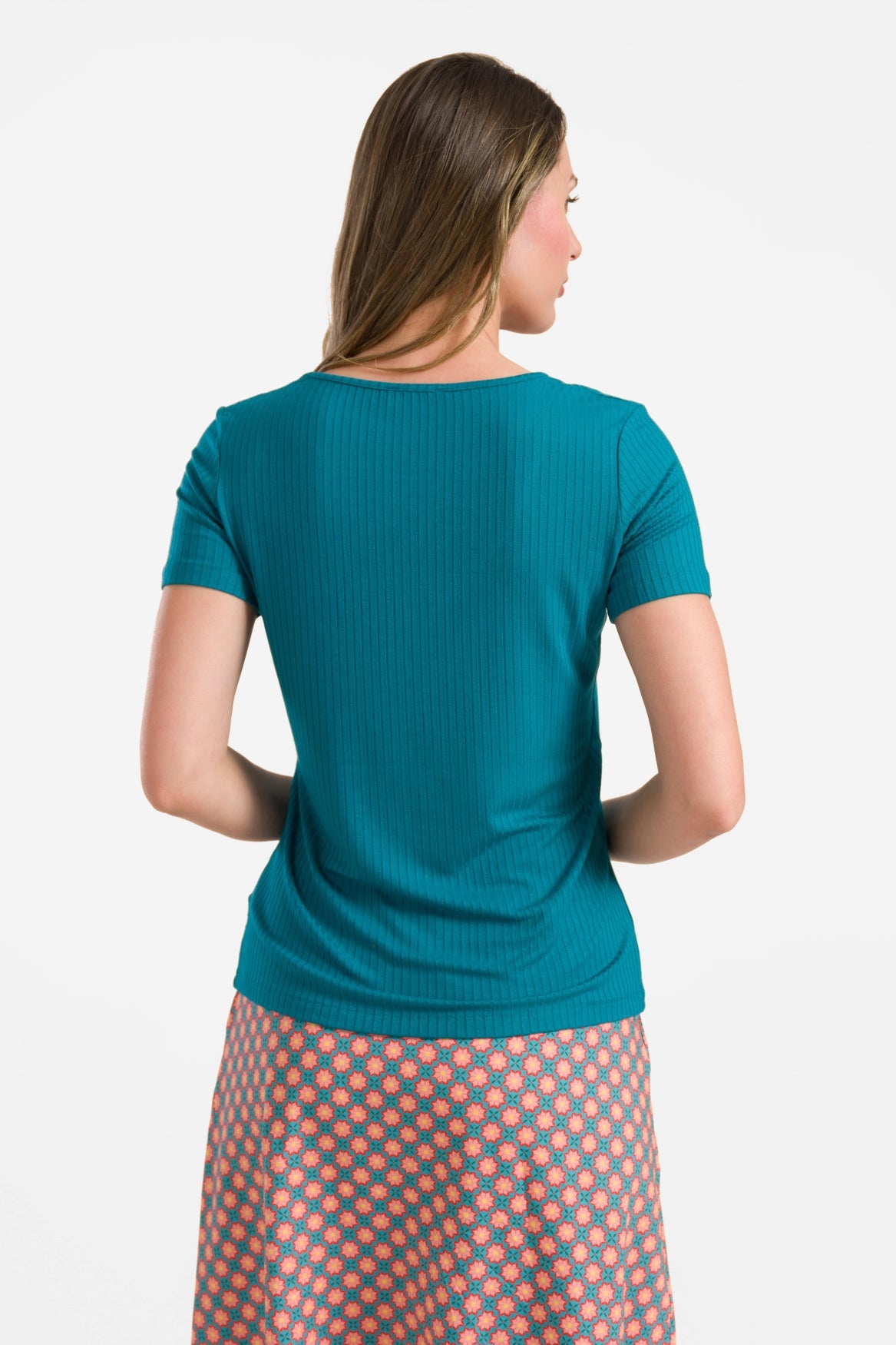 Ella T-shirt Korte Mouw | Rib Petrol Blue