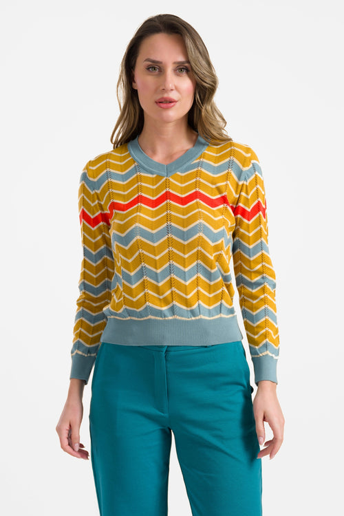 Gebreide trui met V-hals en lange mouwen | Mosterdkleur