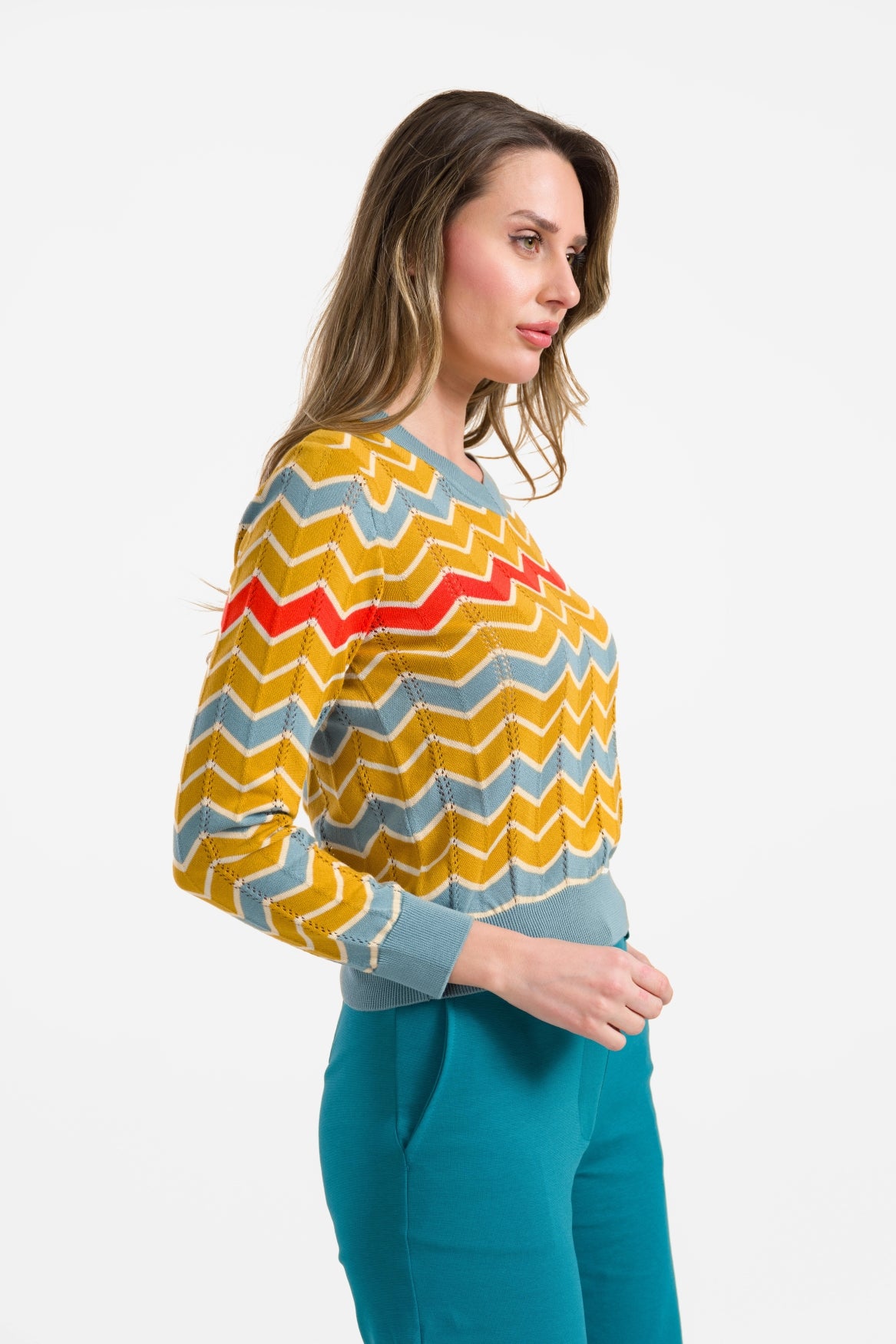 Gebreide trui met V-hals en lange mouwen | Mosterdkleur