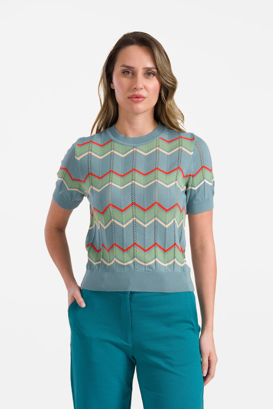Gebreide trui met ronde hals en korte mouwen | Turquoise