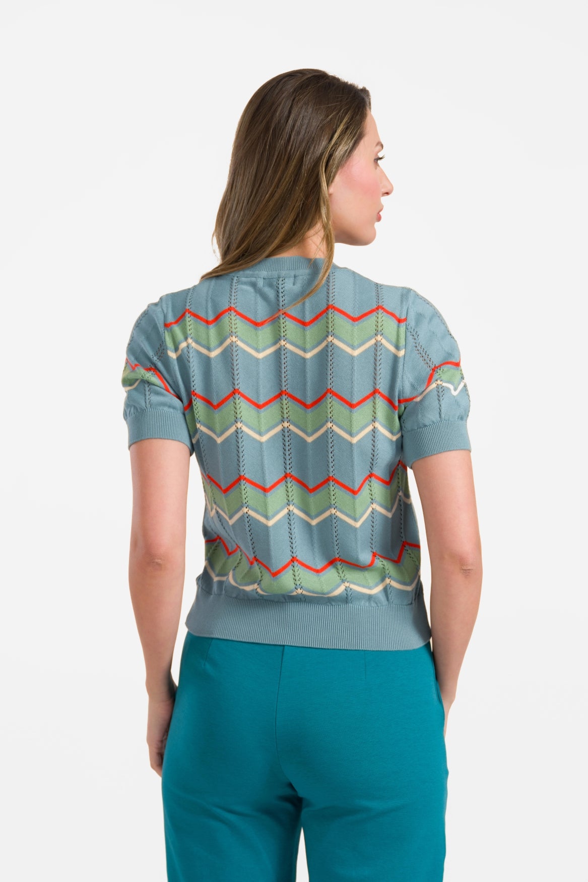 Gebreide trui met ronde hals en korte mouwen | Turquoise