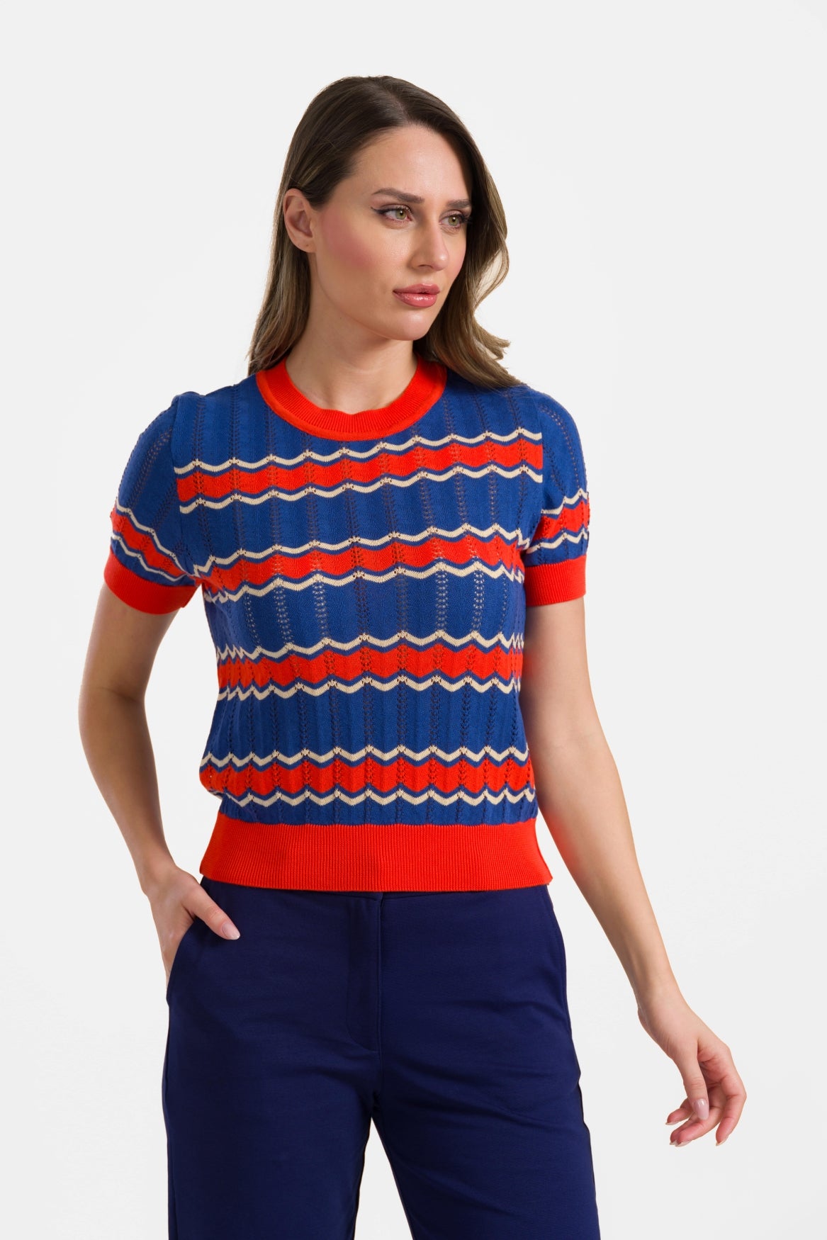 Gebreide trui met ronde hals en korte mouwen | Indigo