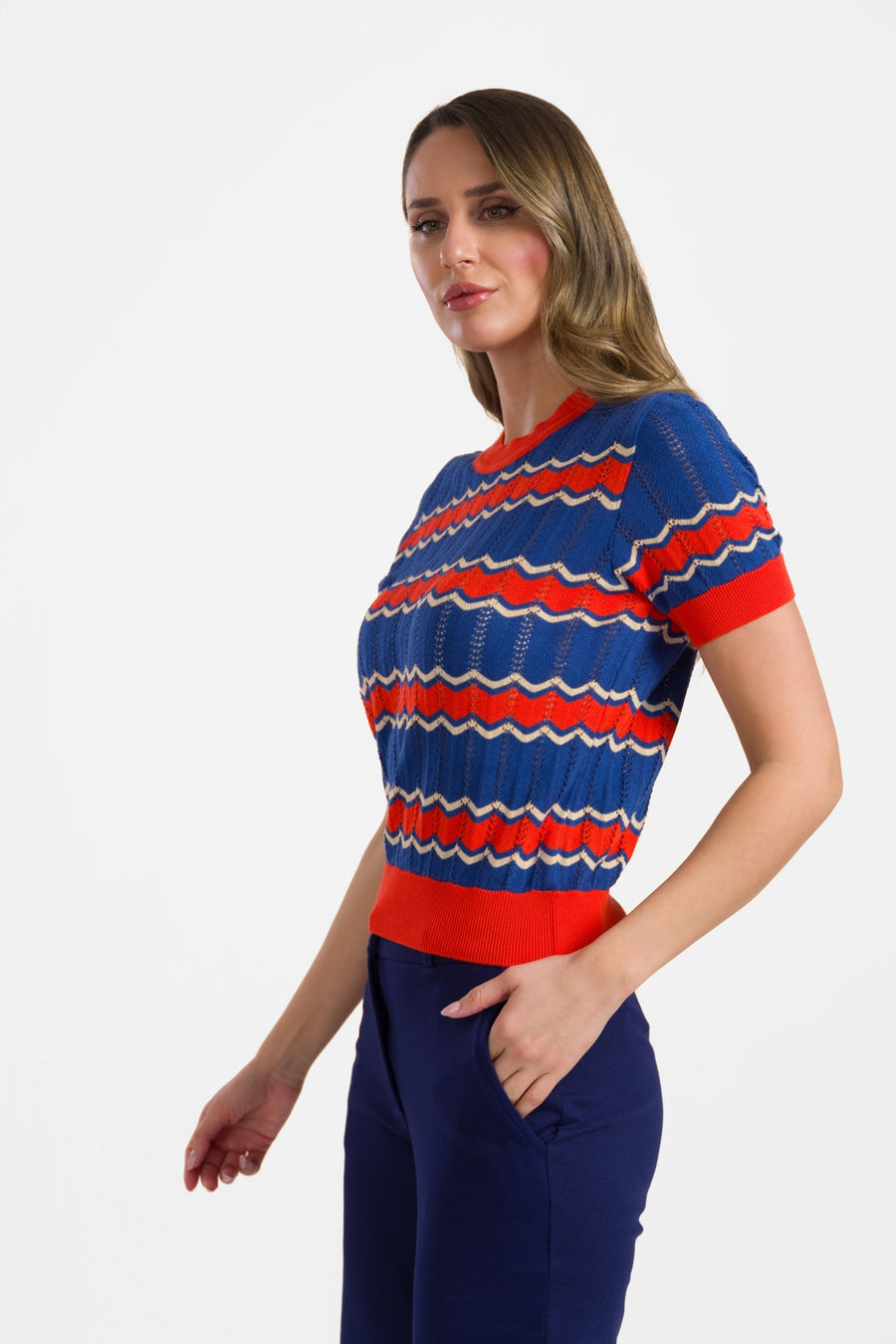 Gebreide trui met ronde hals en korte mouwen | Indigo