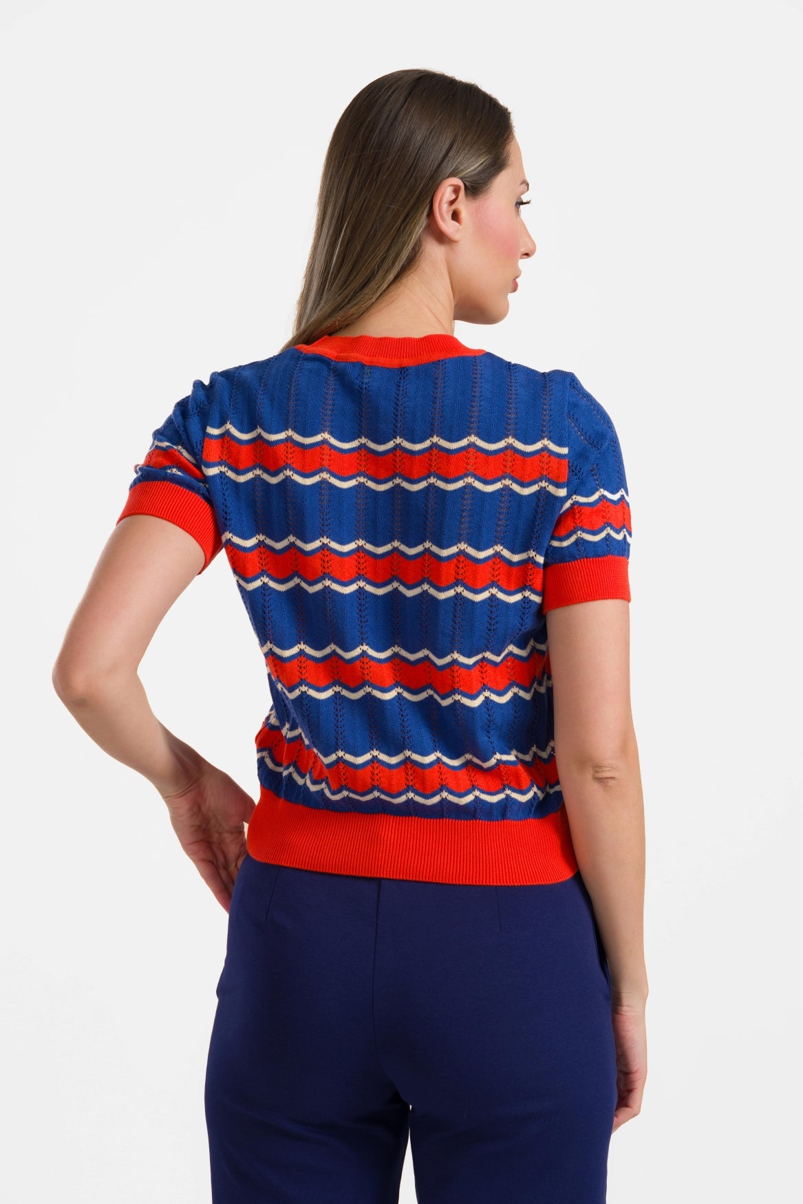 Gebreide trui met ronde hals en korte mouwen | Indigo