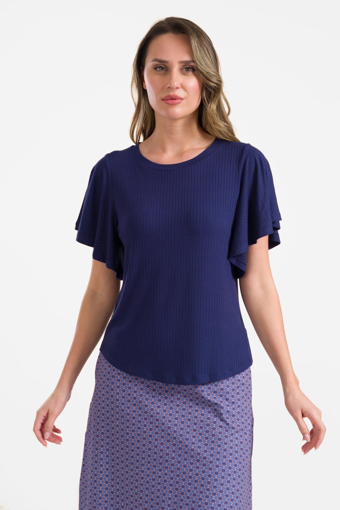 Sophie top met korte vlindermouwen | Rib Navy