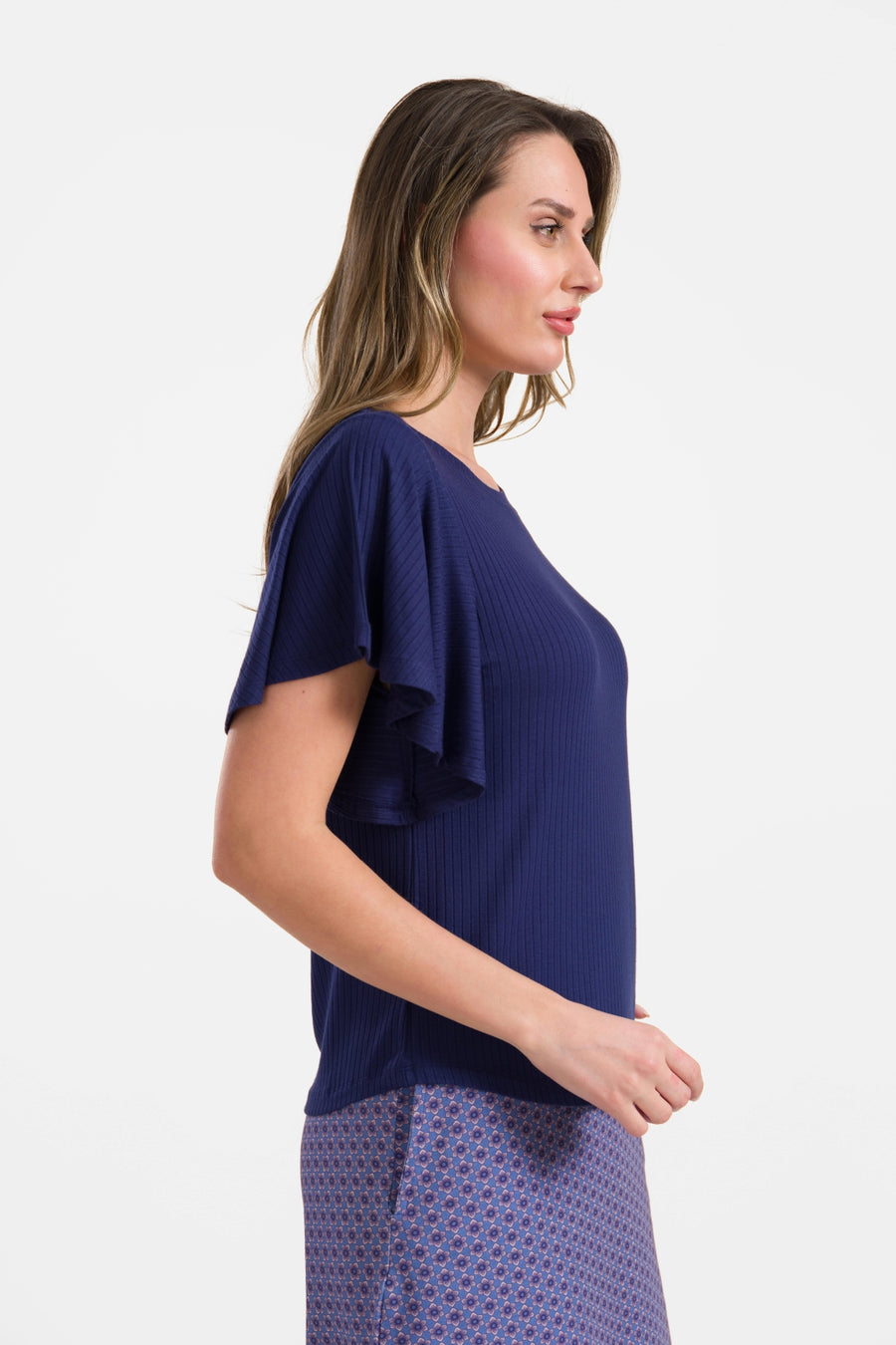 Sophie top met korte vlindermouwen | Rib Navy