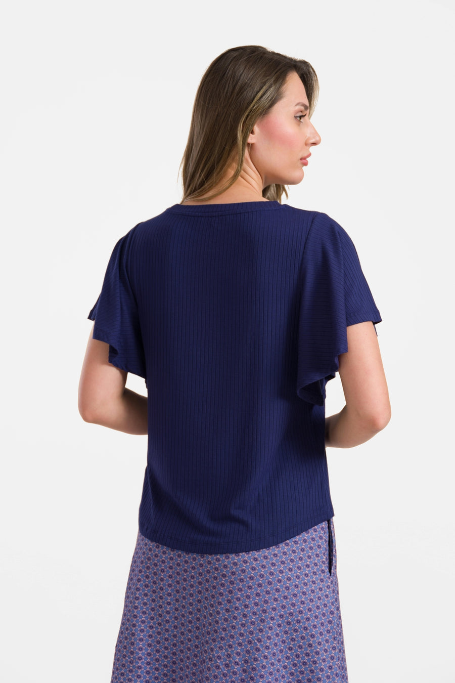 Sophie top met korte vlindermouwen | Rib Navy