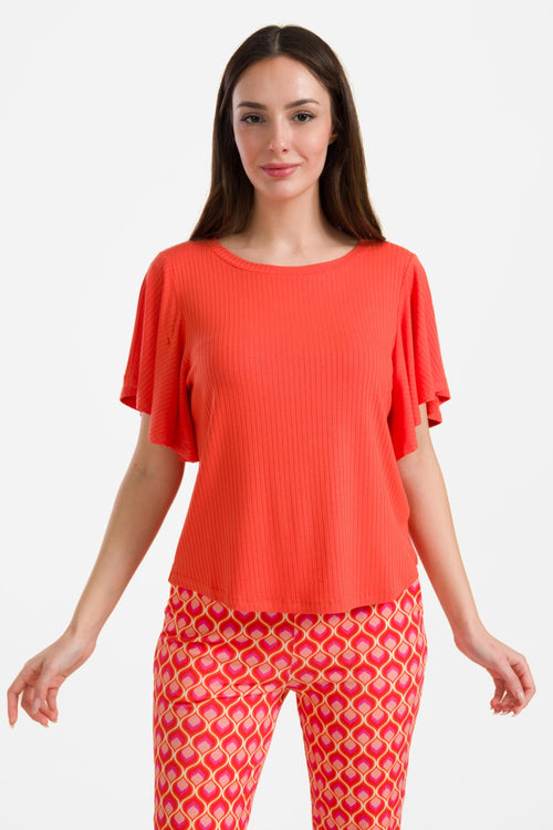 Sophie top met korte vlindermouwen | Ribbels in oranje en rood