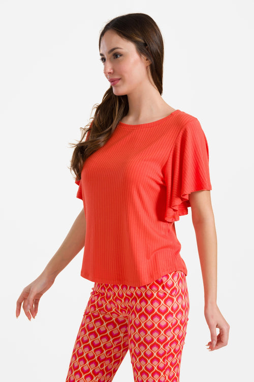 Sophie top met korte vlindermouwen | Ribbels in oranje en rood