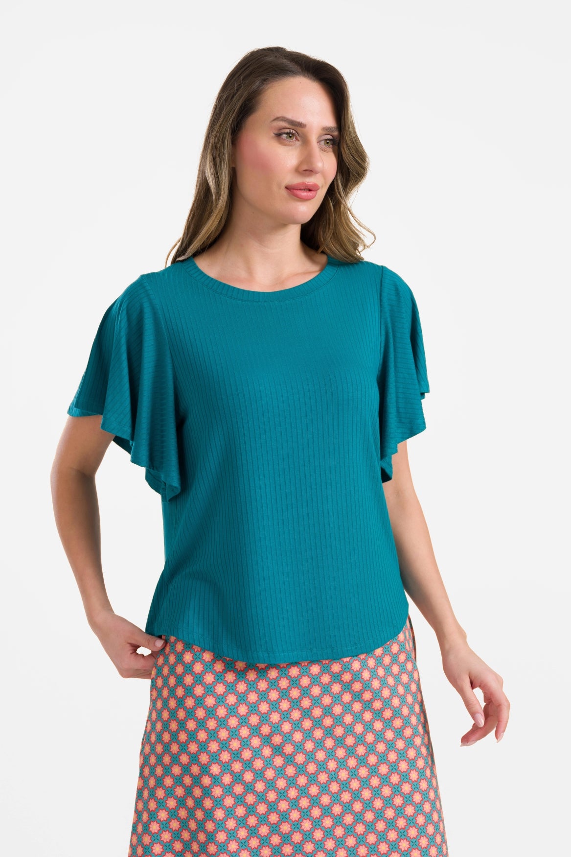 Sophie top korte vlindermouw  | Rib Petrol Blue