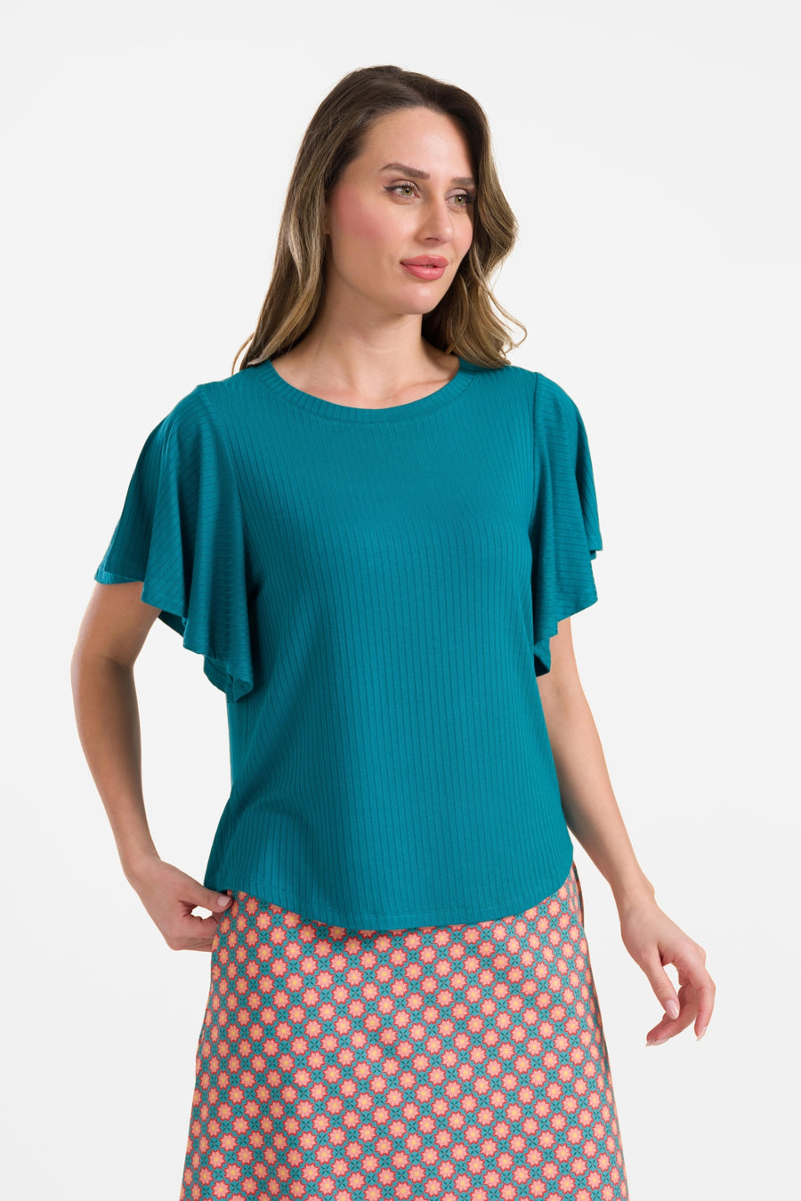 Sophie top korte vlindermouw  | Rib Petrol Blue