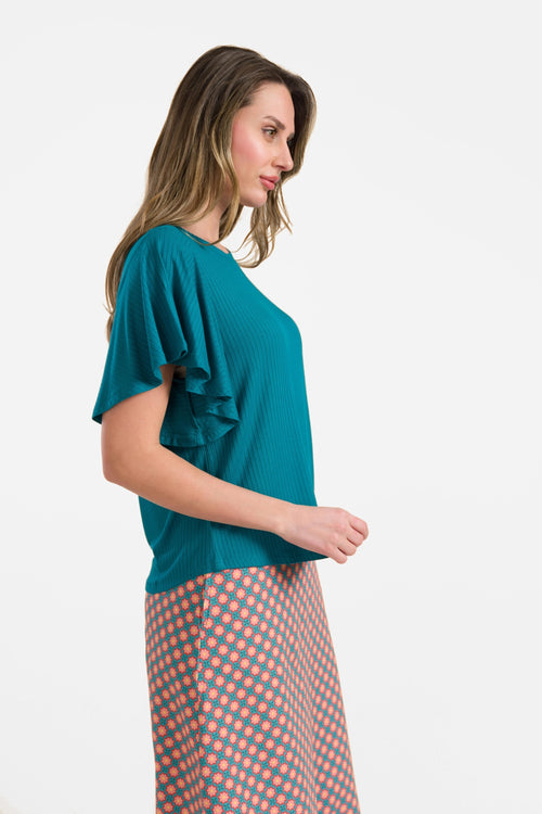 Sophie top korte vlindermouw  | Rib Petrol Blue