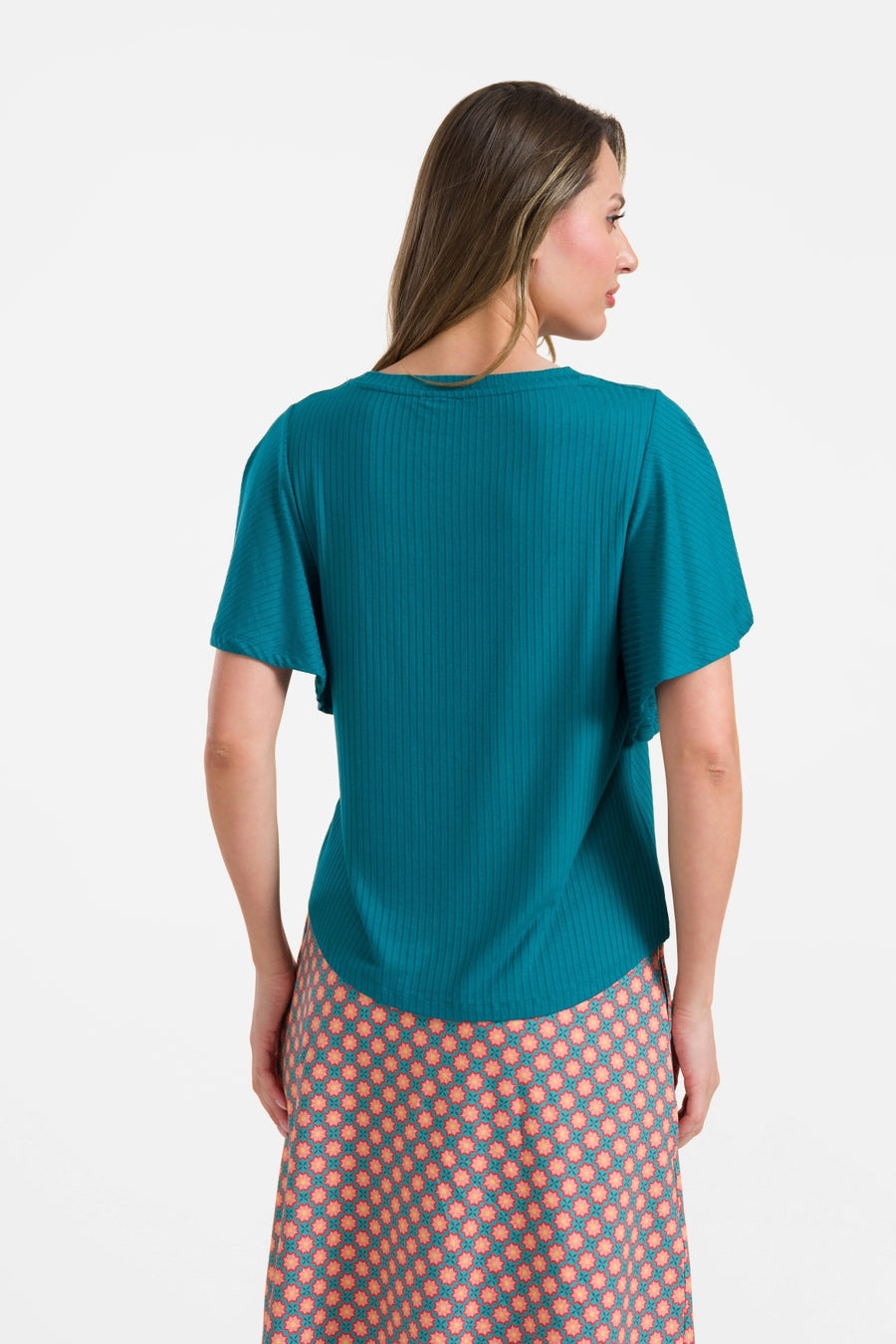 Sophie top korte vlindermouw  | Rib Petrol Blue