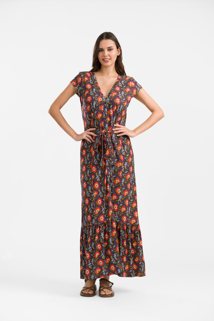 Maud Maxi Jurk Korte Mouw | Purple Poppy