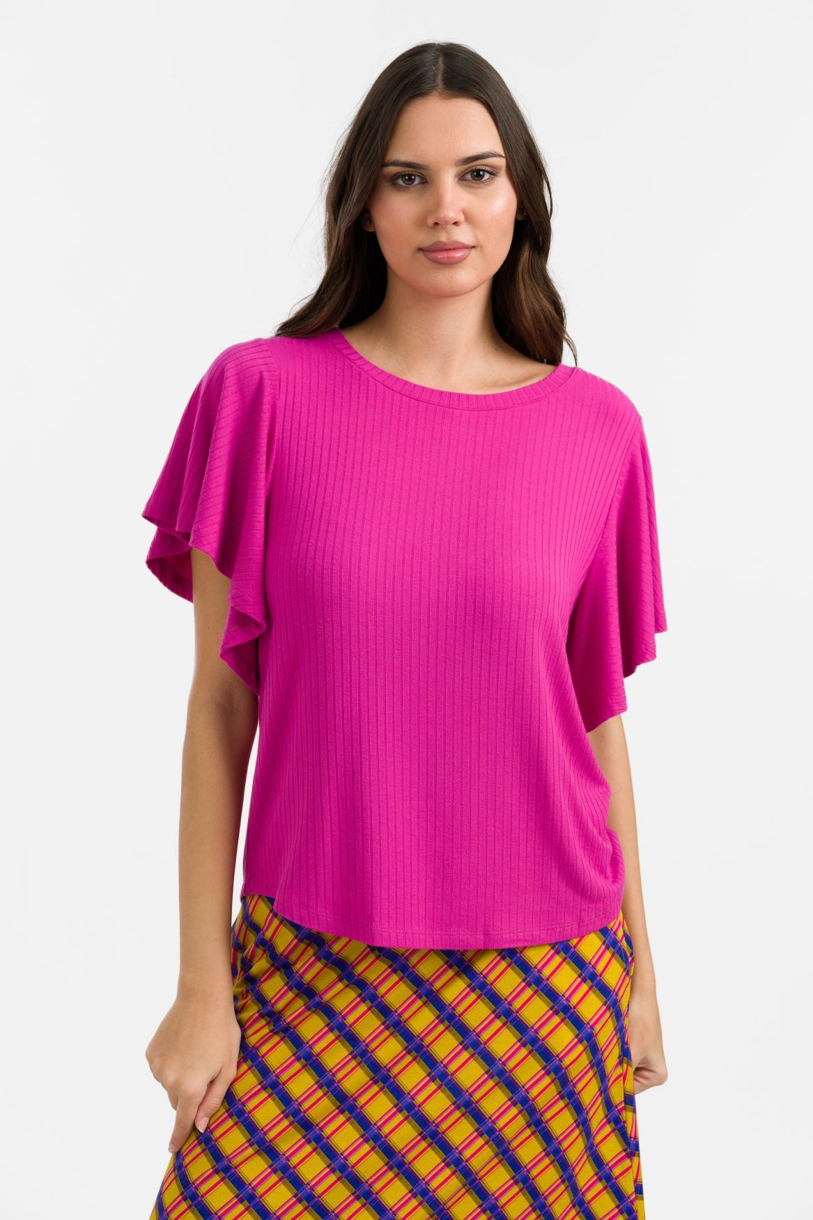 Sophie Top met korte vlindermouwen | Rib Fuchsia 