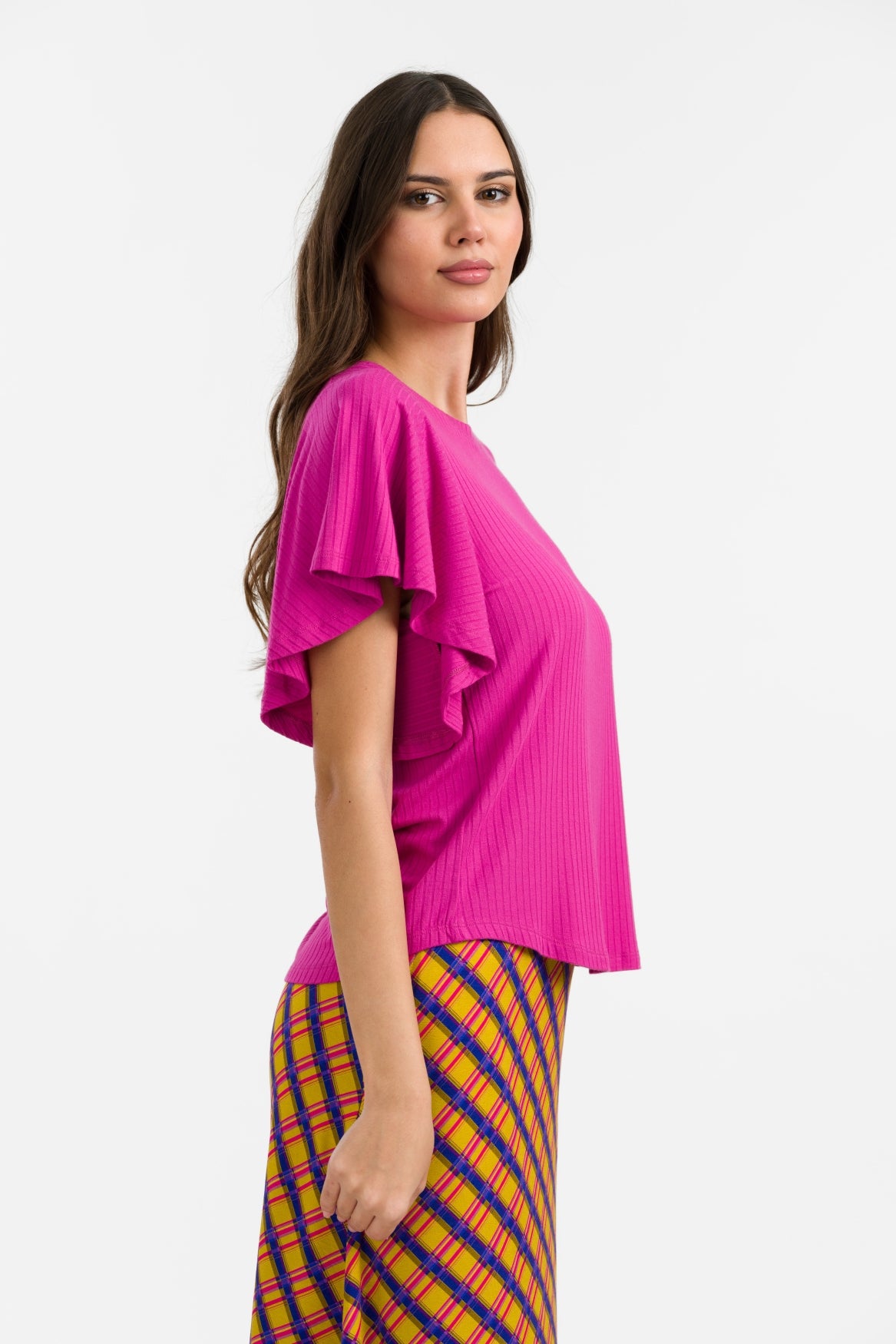 Sophie Top met korte vlindermouwen | Rib Fuchsia 
