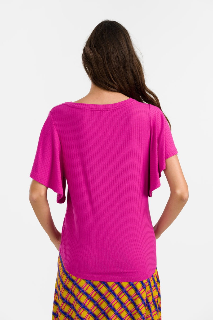 Sophie Top met korte vlindermouwen | Rib Fuchsia 