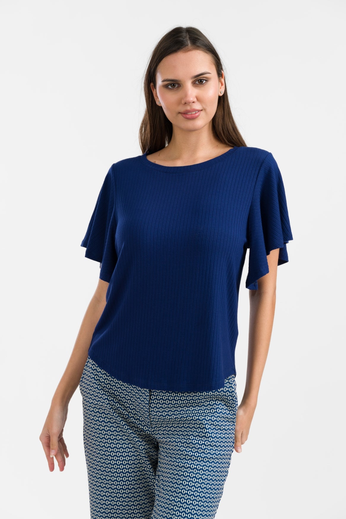 Sophie Top met korte vlindermouwen | Rib marineblauw