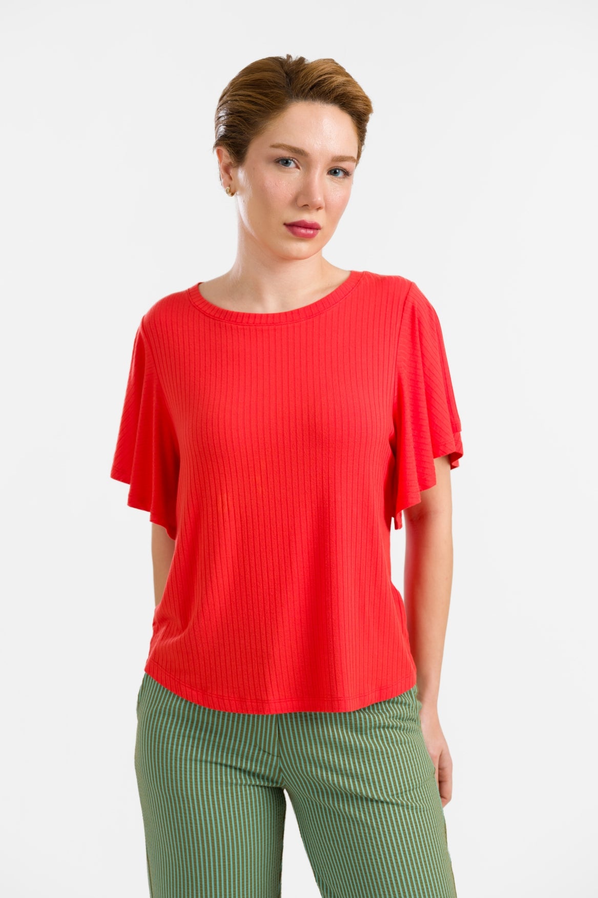 Sophie Top met korte vlindermouwen | Geribbeld rood