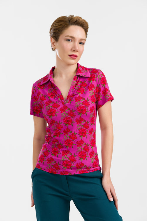 Suzy Top met korte mouwen | Fuchsia bloemen