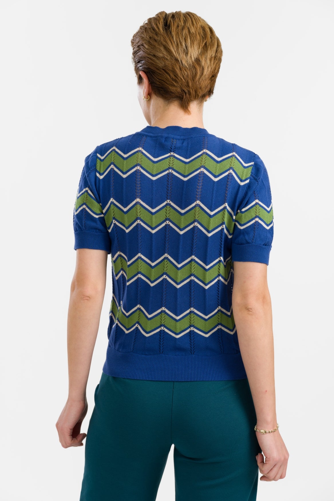 Gebreide trui met ronde hals en korte mouwen | Zigzagblauw