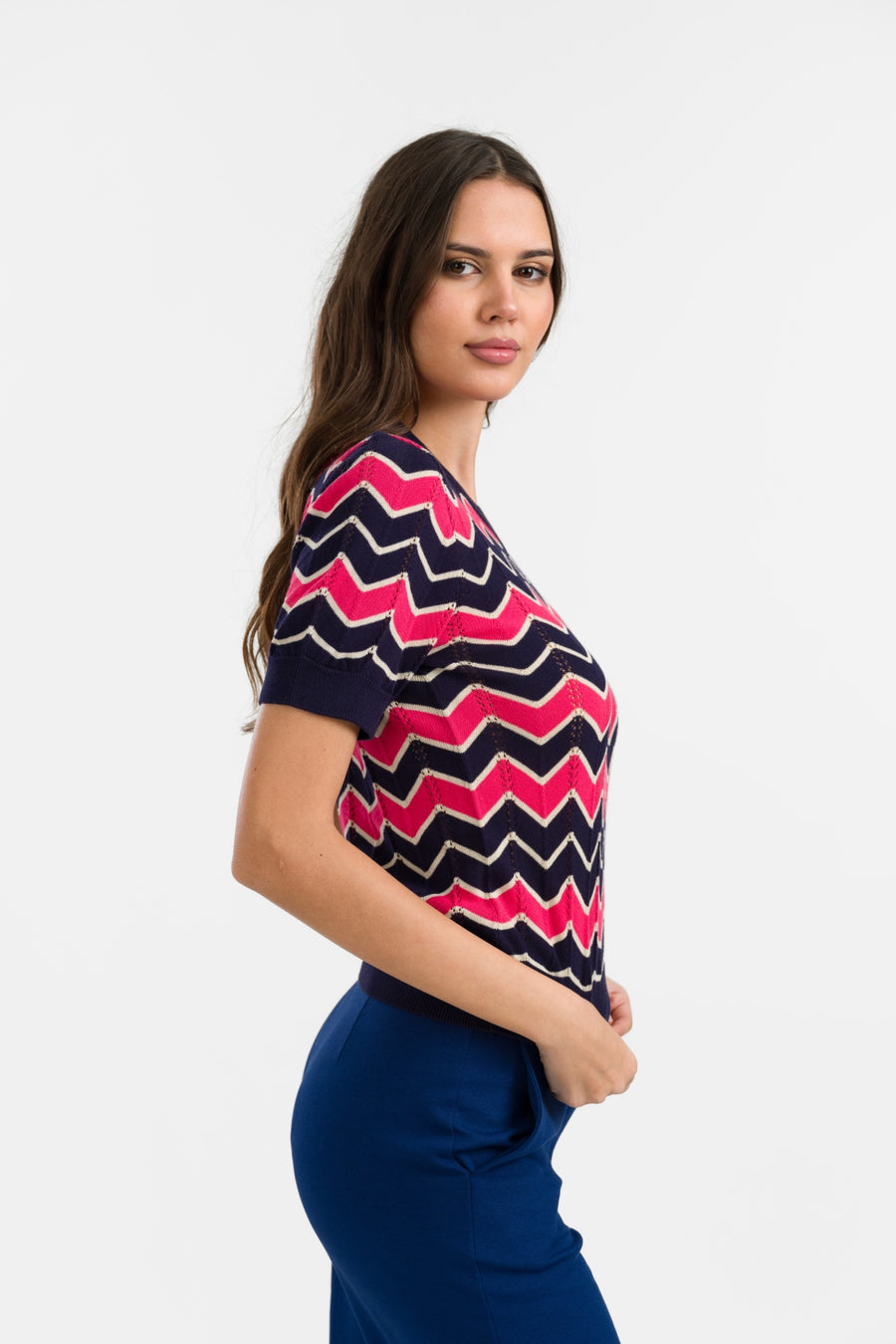 Gebreide trui met V-hals en korte mouwen | Zigzag marineblauw