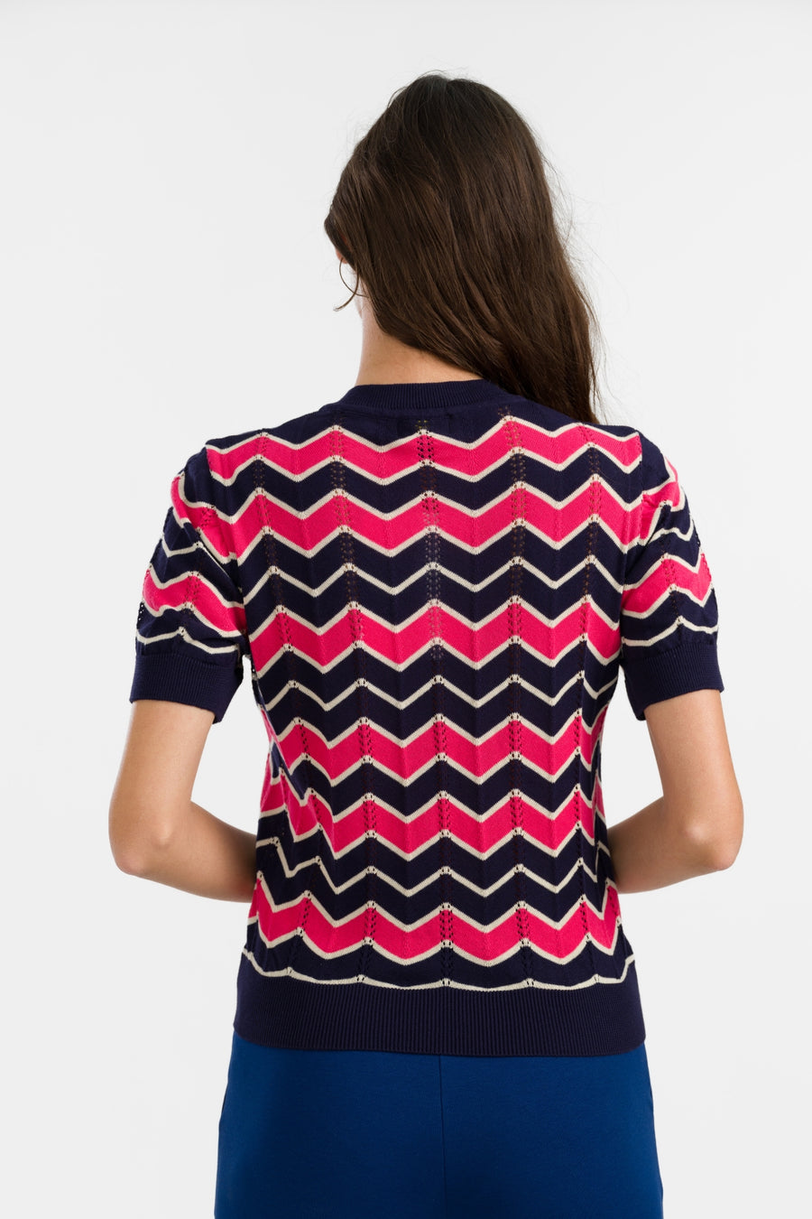Gebreide trui met V-hals en korte mouwen | Zigzag marineblauw