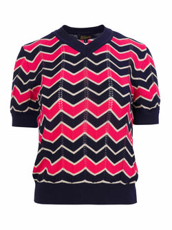 Gebreide trui met V-hals en korte mouwen | Zigzag marineblauw