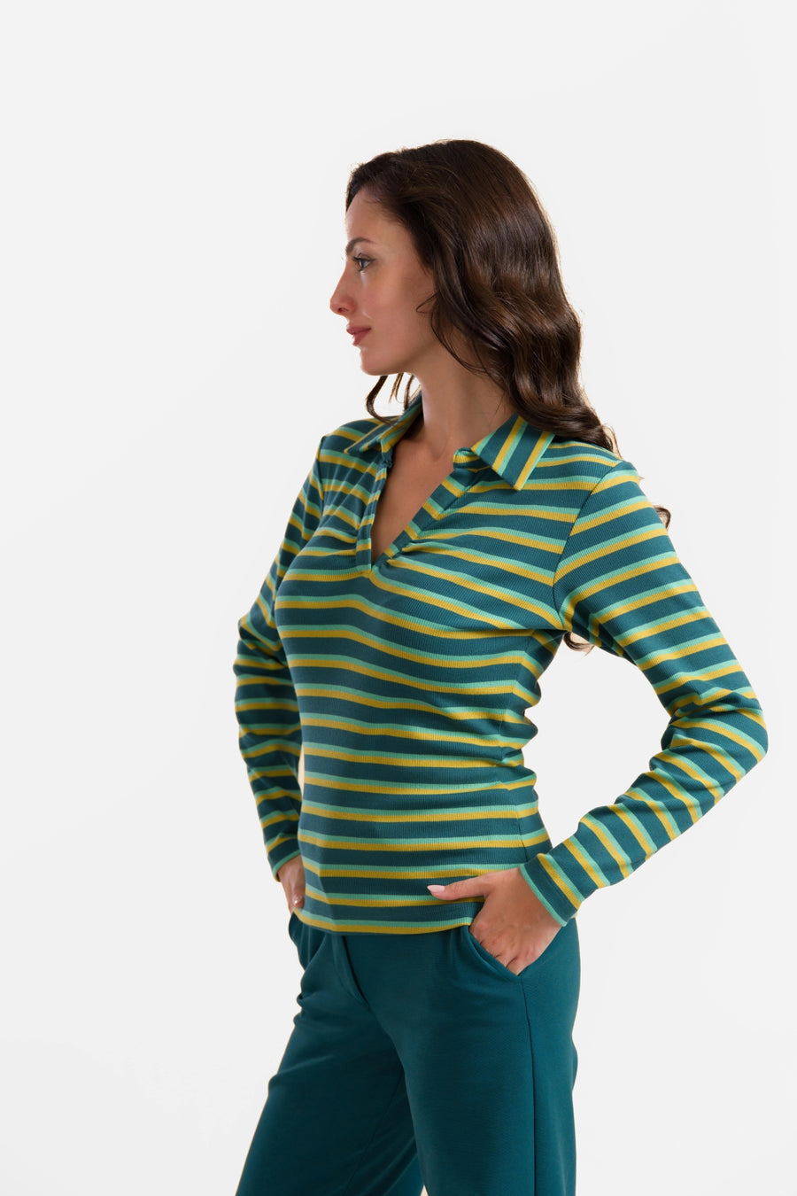 Suzy Top met lange mouwen | Deep Teal Stripes