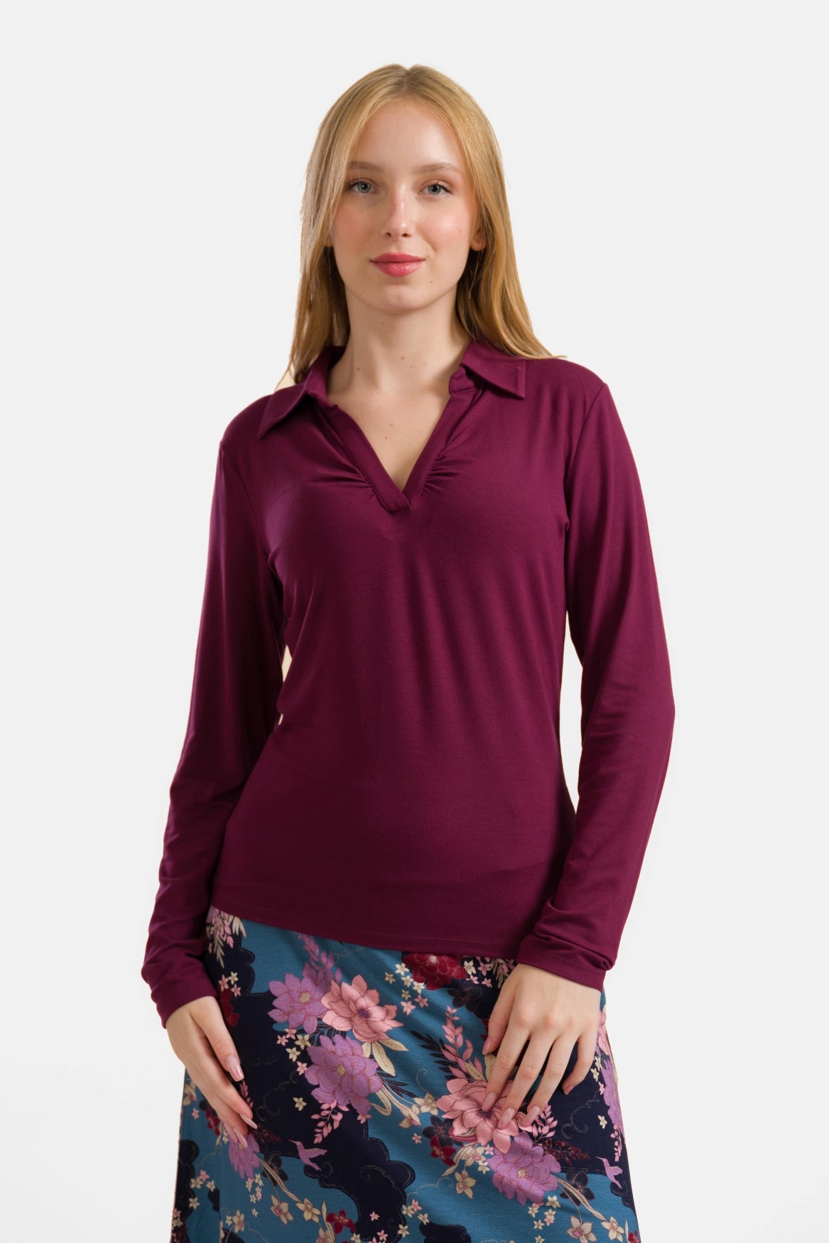 Suzy Top met lange mouwen | Ecovero effen bordeauxrood
