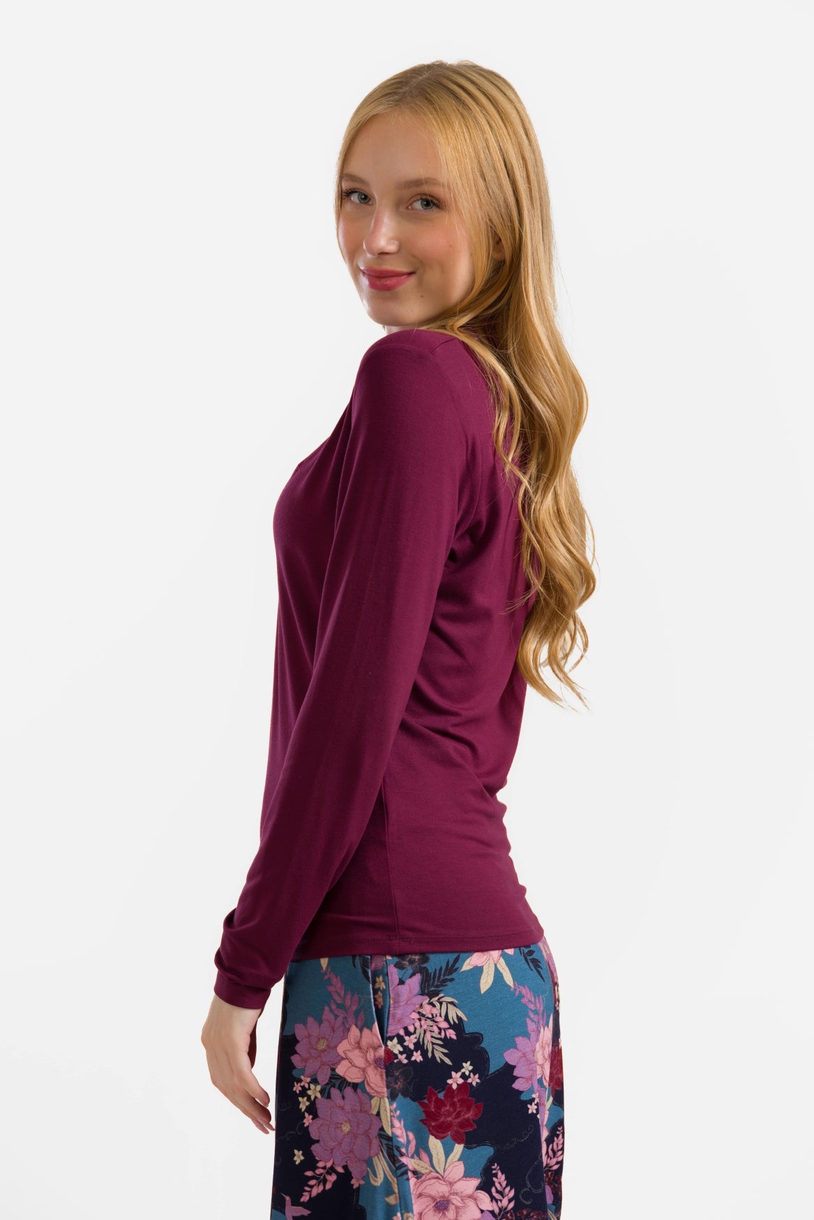 Suzy Top met lange mouwen | Ecovero effen bordeauxrood